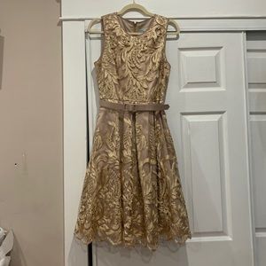 Eliza J Taupe and Gold Fit N Flare Dress